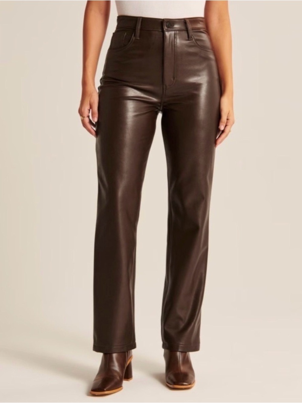 Abercrombie High-Rise Faux Leather Straight-Leg Pants - Dark Brown
